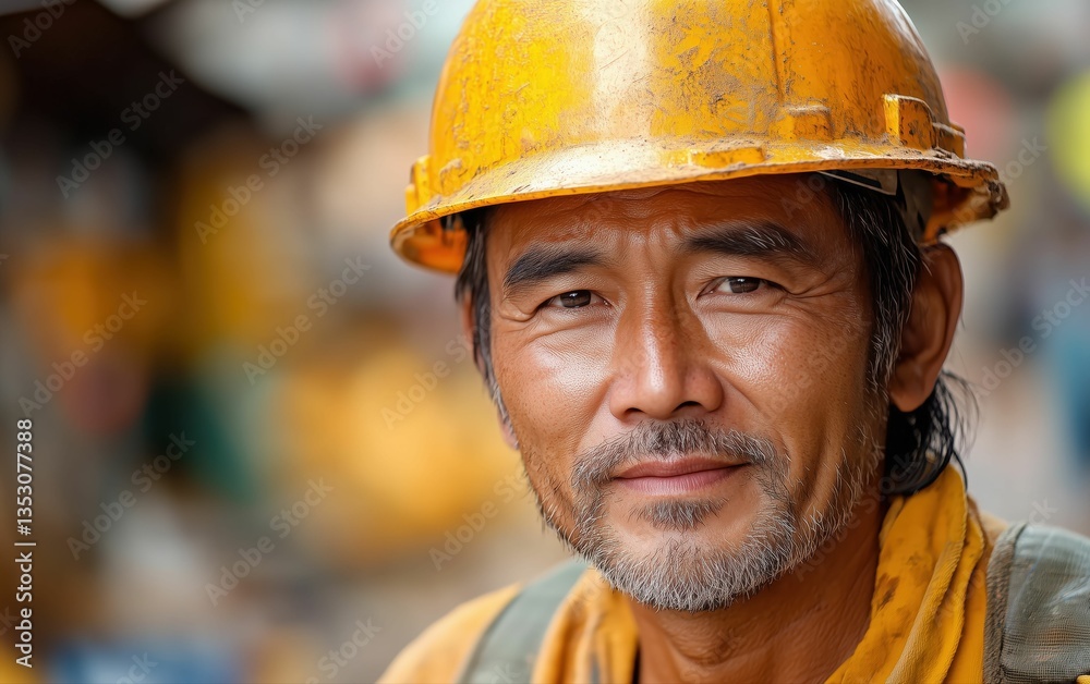 Hardworking Man, Focused Gaze, Yellow Helmet, Construction Worker, Southeast Asian Ethnicity, Mature Age, Determination, Resilience Hardworking Man, Focused Gaze, Yellow Helmet, Construction Worker, Southeast Asian Ethnicity, Mature Age, Determination, Resilience