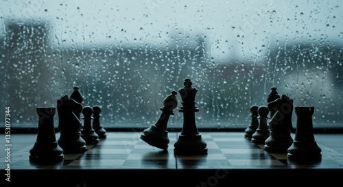 Chess Strategy Game: Captivating Indoor Board Play with Rainy Window Reflection