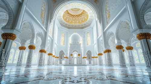 Grand mosque interior, white marble, gold accents, arched ceilings, stained glass.