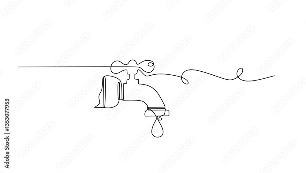 Water faucet with a drop of water one line drawn, Water Shortage Continuous Line Editable Stroke Line, Save water, World Water Day continuous single line art drawing and one line water drop outline. Water faucet with a drop of water one line drawn, Water Shortage Continuous Line Editable Stroke Line, Save water, World Water Day continuous single line art drawing and one line water drop outline.