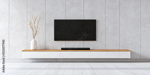 Modern soundbar on TV cabinet under plasma modern wall mounted TV. Stereo system for surround sound, home cinema system