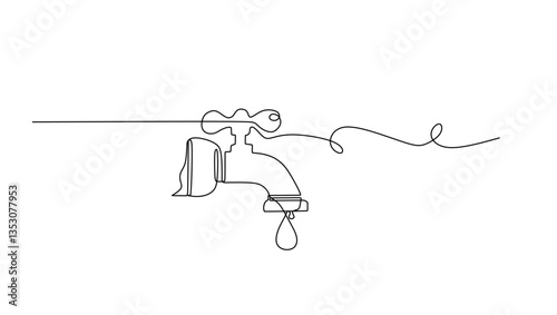 Water faucet with a drop of water one line drawn, Water Shortage Continuous Line Editable Stroke Line, Save water, World Water Day continuous single line art drawing and one line water drop outline.
