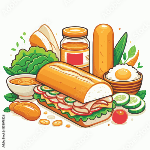 bread, baguette, meal, meat, fresh, food, background, cucumber, carrot, lunch, cuisine, coriander, sandwich, asian, traditional, vietnamese, pork, vietnam, sliced, closeup, cilantro, vegetable, street
