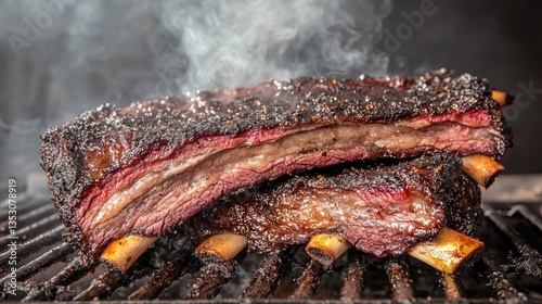 A close-up of succulent beef ribs sizzling on a barbecue grill, with smoke rising and charred edges, capturing the essence of a summer cookout.