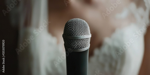 The bride reads her wedding vows into a microphone at the altar. The vow of eternal love, a catholic wedding.