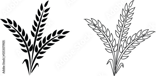 Wheats ears icon set and wheat design elements flat line vector collection isolated on transparent background. Harvest wheat grain, growth rice stalk and whole bread grains or field cereal nutritious.