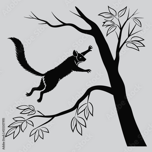 a bush baby leaping from one branch to another silhouette vector design art and illustration