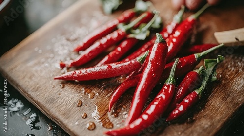 A close-up shot of a hand slicing fresh chili peppers on a cutting board, with droplets of water still visible, highlighting their freshness and culinary use.