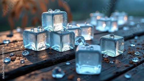 Melting transparent ice cubes on wet wooden surface by the ocean at dramatic sunset	