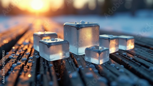 Melting transparent ice cubes on wet wooden surface by the ocean at dramatic sunset	