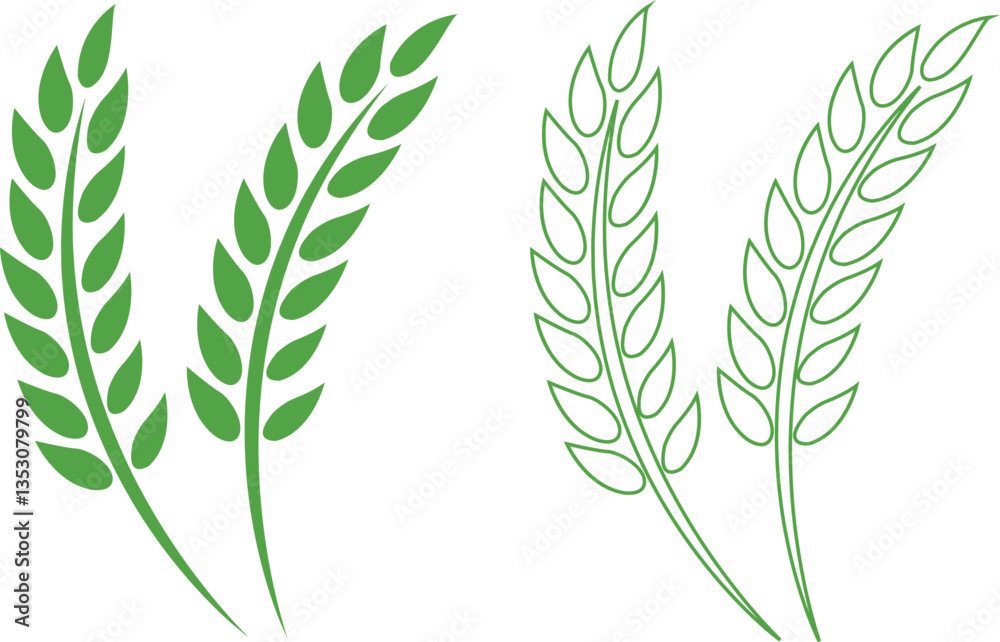 Naklejka premium Wheats ears icon set and wheat design elements flat line vector collection isolated on transparent background. Harvest wheat grain, growth rice stalk and whole bread grains or field cereal nutritious.