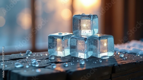 Melting transparent ice cubes on wet wooden surface by the ocean at dramatic sunset	