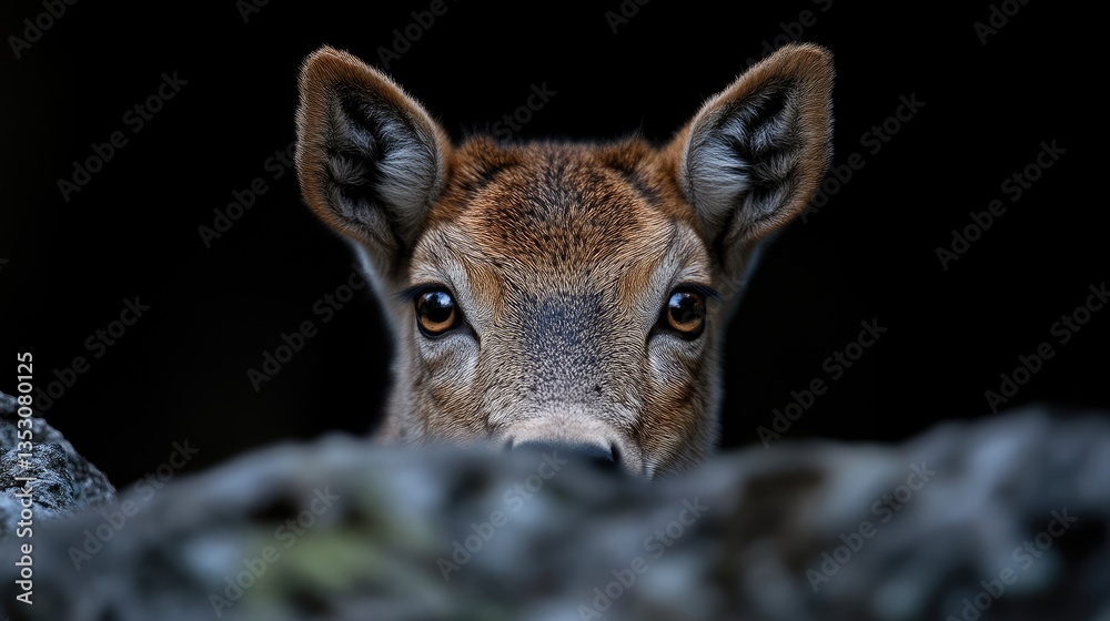 Obraz premium Close-up of a deer's head peeking from behind rocks