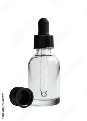Clear Glass Bottle with Black Dropper Cap and Lid Isolated on transparent