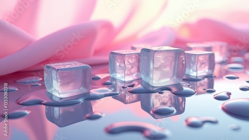 Transparent ice cubes melting on glossy reflective surface with soft pink fabric background	