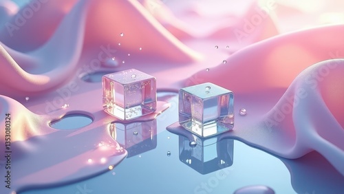 Transparent ice cubes melting on glossy reflective surface with soft pink fabric background	