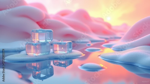 Transparent ice cubes melting on glossy reflective surface with soft pink fabric background	