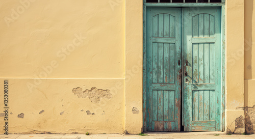 Vintage Teal Blue Wooden Door: Weathered Architectural Facade with Urban and Rural Charm in a European Building