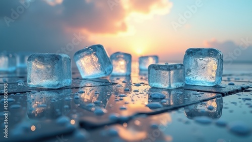 Melting transparent ice cubes on reflective surface with snowy forest and mountain sunset	
