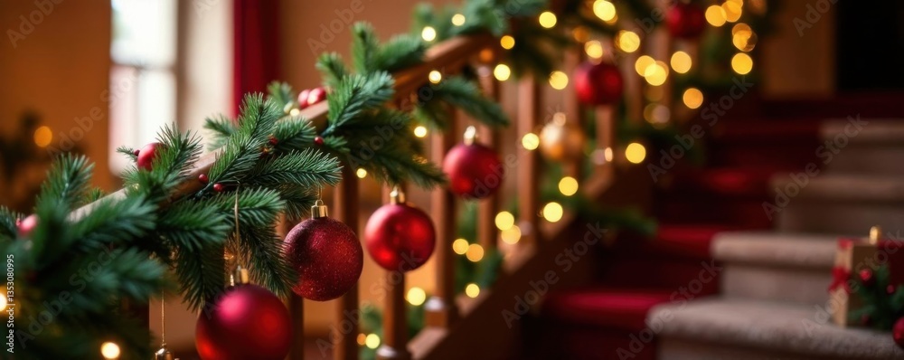 Garlands of festive Christmas ornaments hanging from a staircase rail , christmas decorations, interior design Garlands of festive Christmas ornaments hanging from a staircase rail , christmas decorations, interior design
