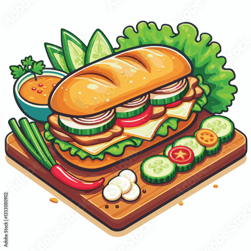 bread, baguette, meal, meat, fresh, food, background, cucumber, carrot, lunch, cuisine, coriander, sandwich, asian, traditional, vietnamese, pork, vietnam, sliced, closeup, cilantro, vegetable, street