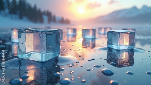 Melting transparent ice cubes on reflective surface with snowy forest and mountain sunset	
