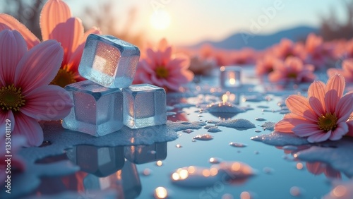 Transparent melting ice cubes surrounded by pink flowers on reflective surface at sunrise	