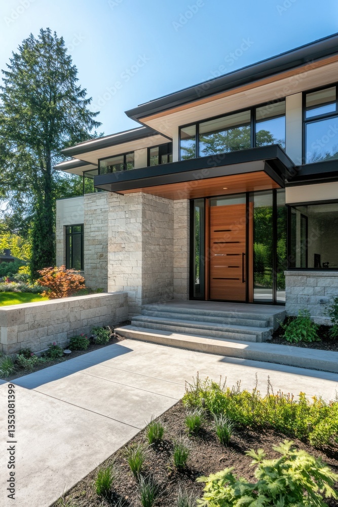 Modern facade of a luxury home with large windows and clean lines located in a peaceful neighborhood during bright daylight showcases a stylish entrance and landscaped garden