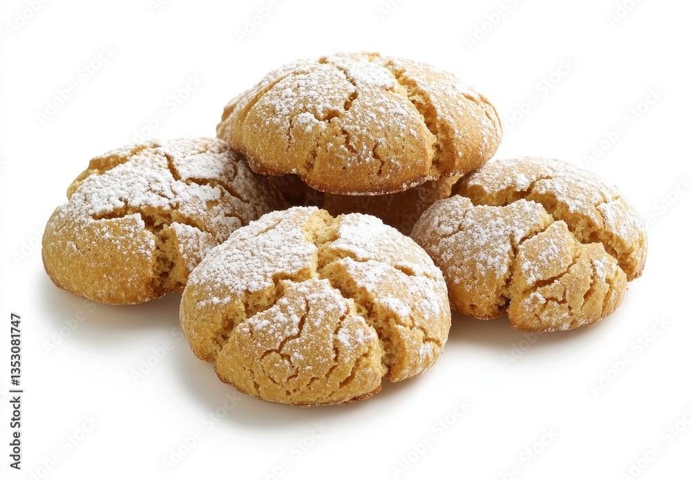 Freshly Baked Cracked Sugar Cookies with Powdered Sugar Dusting on White Background for Bakery and Dessert Themes Freshly Baked Cracked Sugar Cookies with Powdered Sugar Dusting on White Background for Bakery and Dessert Themes