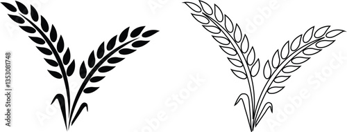 Wheats ears icon set and wheat design elements flat line vector collection isolated on transparent background. Harvest wheat grain, growth rice stalk and whole bread grains or field cereal nutritious.