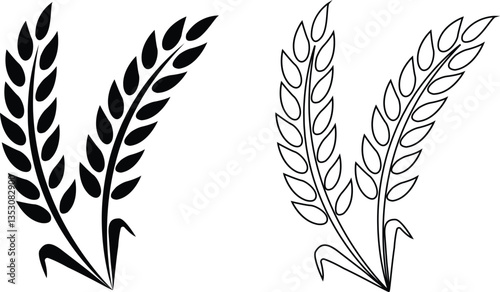 Wheats ears icon set and wheat design elements flat line vector collection isolated on transparent background. Harvest wheat grain, growth rice stalk and whole bread grains or field cereal nutritious.
