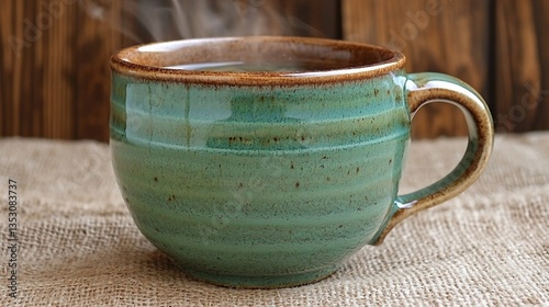 Steaming hot beverage in rustic ceramic mug.
