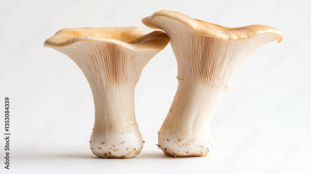 Fototapeta premium A pair of king oyster mushrooms side by side on a bright white background, with a focus on their tall stems and broad, smooth caps, creating a simple yet elegant composition.