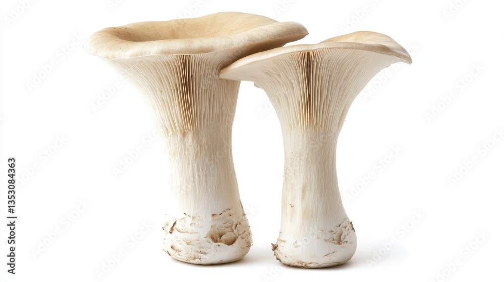 A pair of king oyster mushrooms side by side on a bright white background, with a focus on their tall stems and broad, smooth caps, creating a simple yet elegant composition. A pair of king oyster mushrooms side by side on a bright white background, with a focus on their tall stems and broad, smooth caps, creating a simple yet elegant composition.