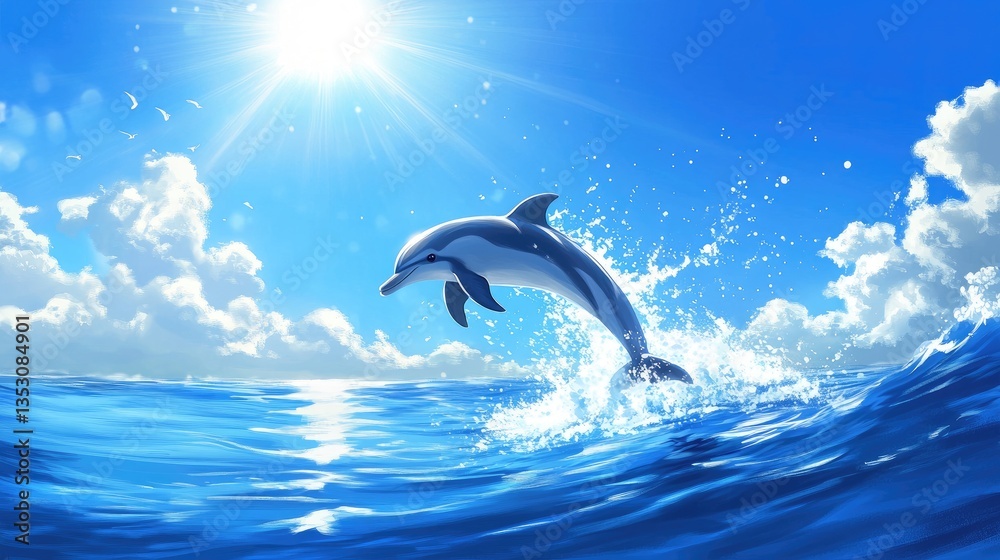 Obraz premium A playful dolphin leaping out of the clear blue ocean, creating a splash as it plays under the bright sun, capturing the joy of marine life.