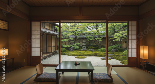 Japanese Traditional Home Interior with Shoji Screens and Wooden Furniture - Serene Zen Ambiance and Cozy Dining Area Overlooking Scenic Garden Landscaping
