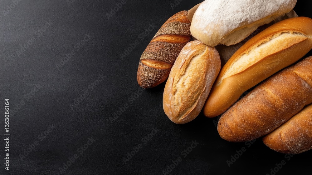 Fototapeta premium Assorted loaves of artisan bread on dark surface