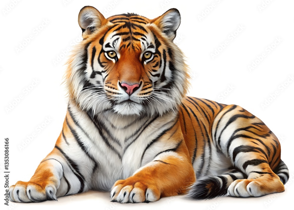 Obraz premium Majestic Tiger: A portrait of a regal tiger, its amber eyes piercing, resting calmly. The illustration showcases its powerful physique and iconic stripes.