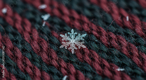 Macro Photography of Unique Snowflake on Textured Red and Green Fabric - Nature's Art in Winter