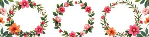 Intricate floral wreaths surrounding circular frames , embellishments, floral patterns, labels and invitations