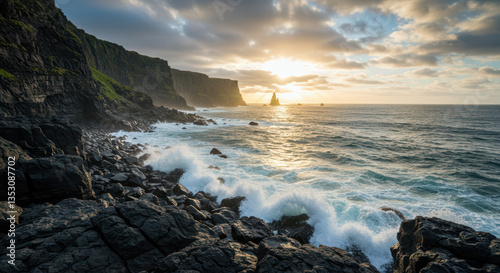 Spectacular Sunset over Rocky Ocean Cliffs: Coastal Landscape Photography with Waves & Colorful Sky