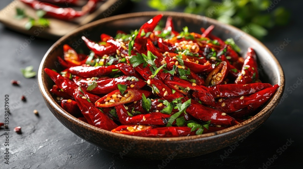 A striking image of a spicy dish served in a bowl, garnished with fresh chili slices and herbs, showcasing the dish's vibrant appeal and flavor. A striking image of a spicy dish served in a bowl, garnished with fresh chili slices and herbs, showcasing the dish's vibrant appeal and flavor.