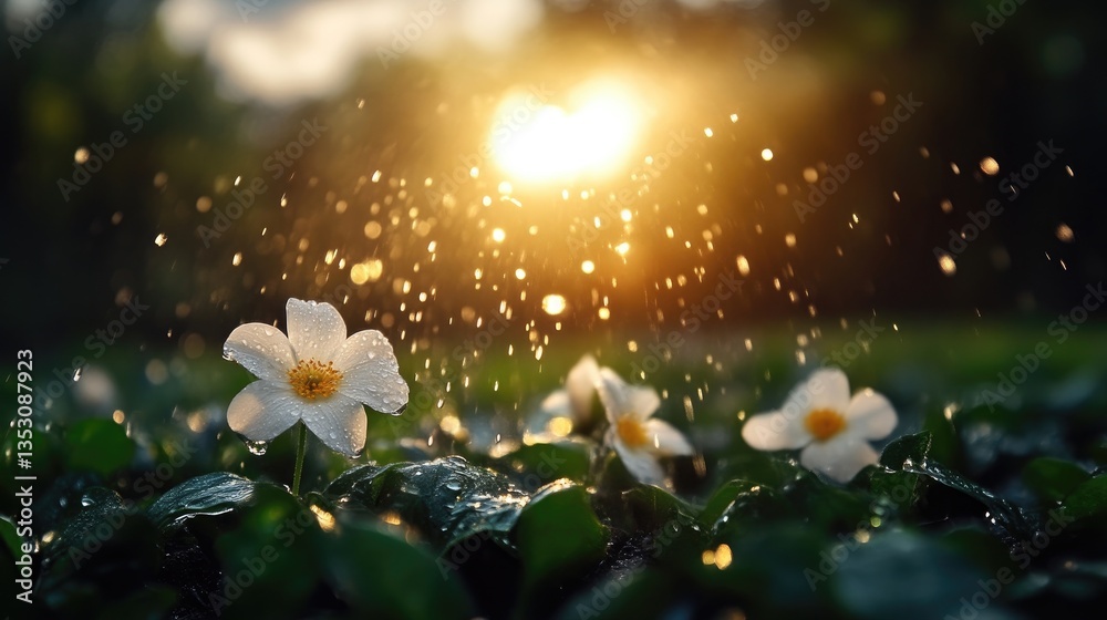 Delicate white flowers bathed in golden sunset rain Delicate white flowers bathed in golden sunset rain