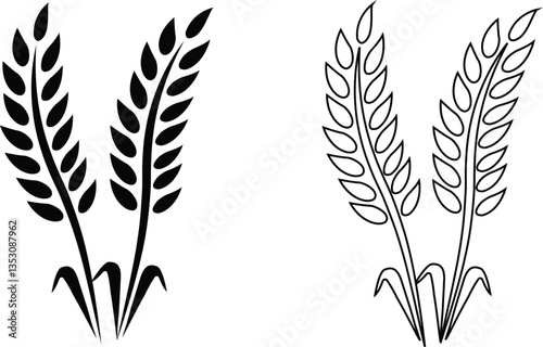 Wheats ears icon set and wheat design elements flat line vector collection isolated on transparent background. Harvest wheat grain, growth rice stalk and whole bread grains or field cereal nutritious.