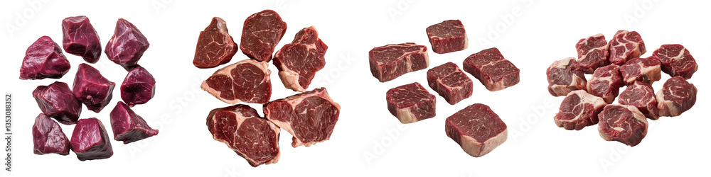 Four piles of raw beef show marbling varied shapes and different shades of red ready to be processed or cooked. Four piles of raw beef show marbling varied shapes and different shades of red ready to be processed or cooked.