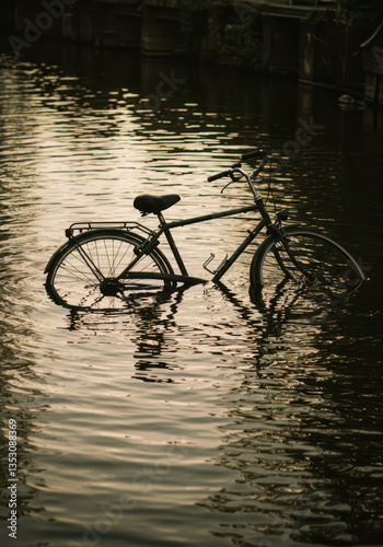 Abandoned Bicycle Reflection: Serene Urban Canal Landscape at Sunset