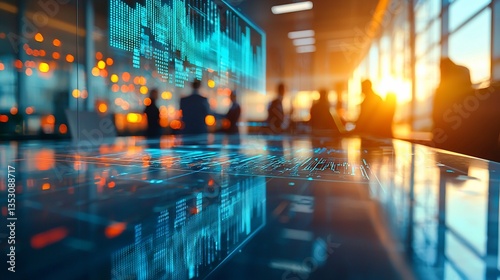 Futuristic business meeting with holographic data display.