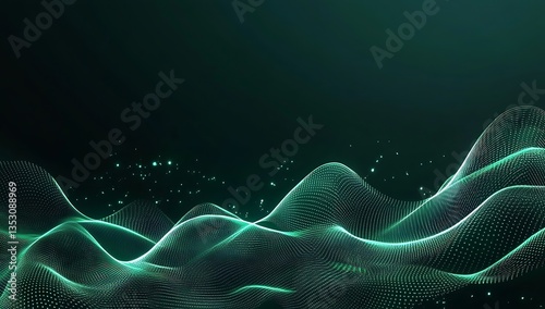Rendering 3d wave dynamic background dots green futuristic flow technology abstract datum innovation sound illustration business digital music dot texture.