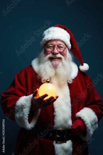 Joyful Santa Claus holds glowing Christmas ball over defocused blue background with empty space , , ball