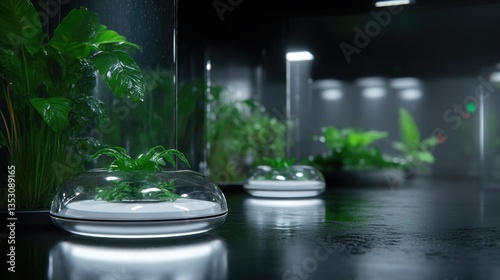 Futuristic indoor garden with transparent containers and floating plants